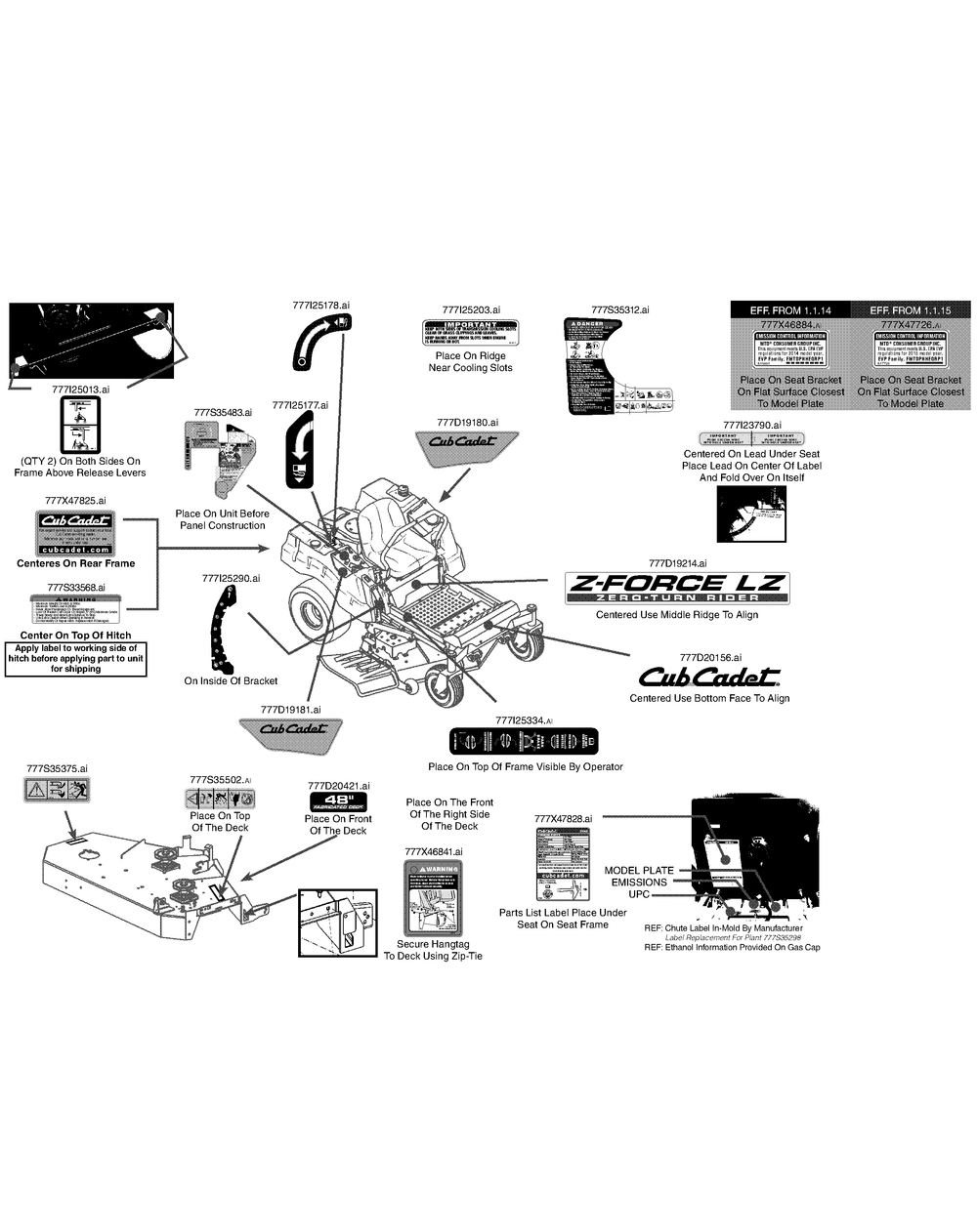 Label Map Diagram and Parts List for Z-FORCELZ48 (17BIDAGB-17BIDAGB010)(2015) Cub Cadet Lawn Tractor